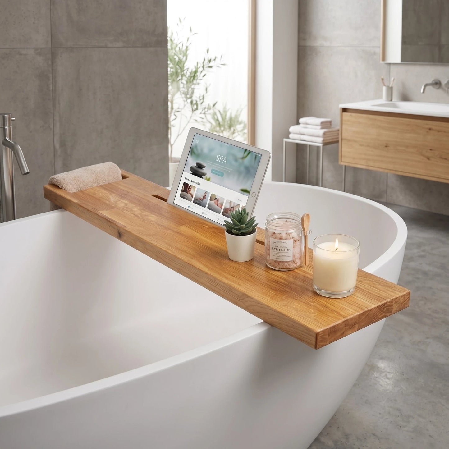Badebrett aus Eiche auf freistehender weißer Badewanne mit Tablet, Kerze und Badesalz