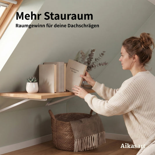 Frau stellt Bücher auf Eichenregal unter der Dachschräge für mehr Stauraum im Zimmer
