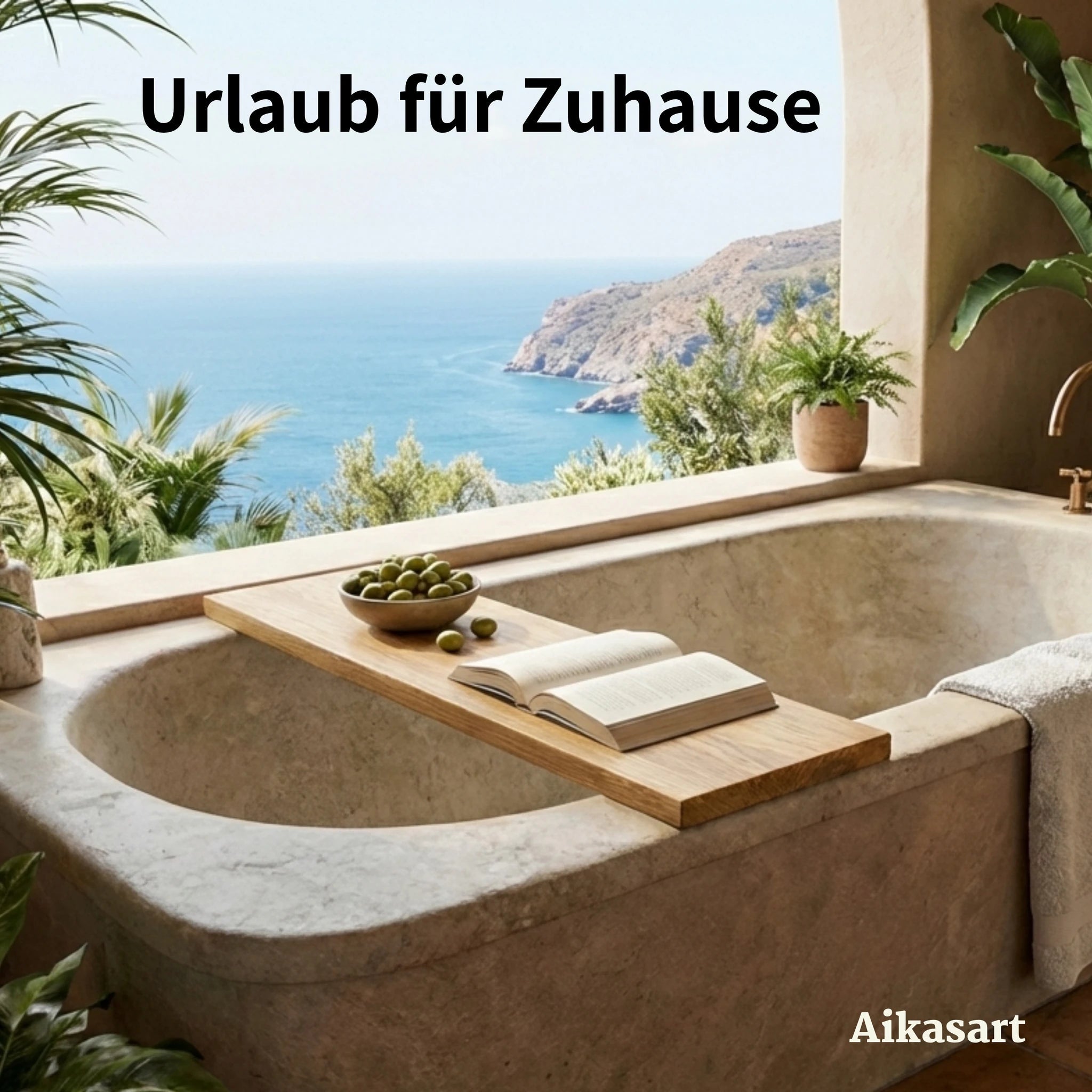 Urlaub für Zuhause: Badewannenbrett aus Holz auf Steinwanne mit Meerblick
