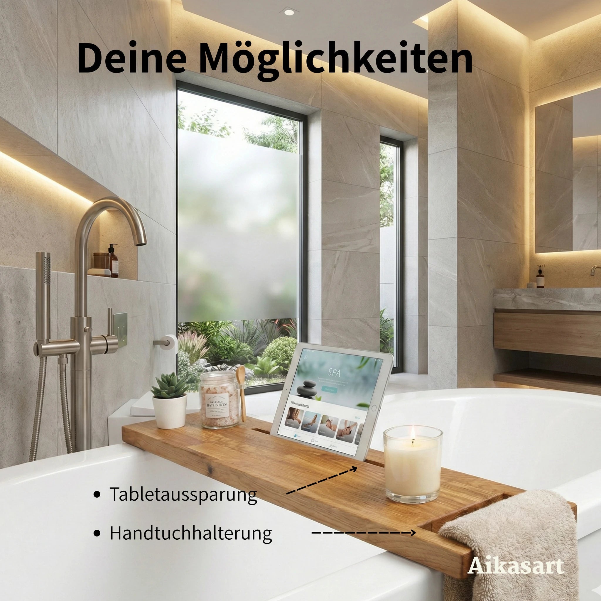 Funktionen der Badewannenablage: Tabletaussparung und integrierte Handtuchhalterung