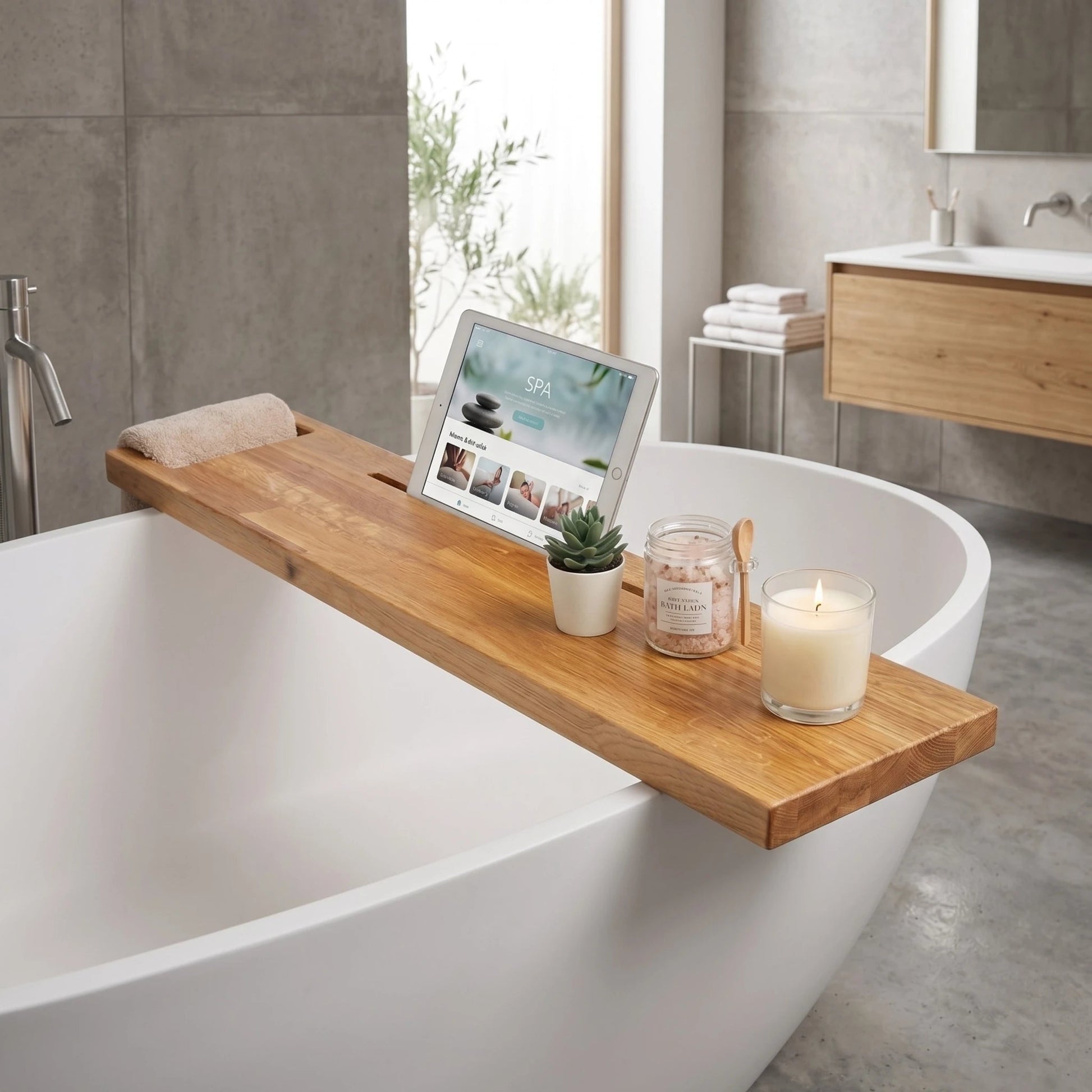 Badebrett aus Eiche auf freistehender weißer Badewanne mit Tablet, Kerze und Badesalz