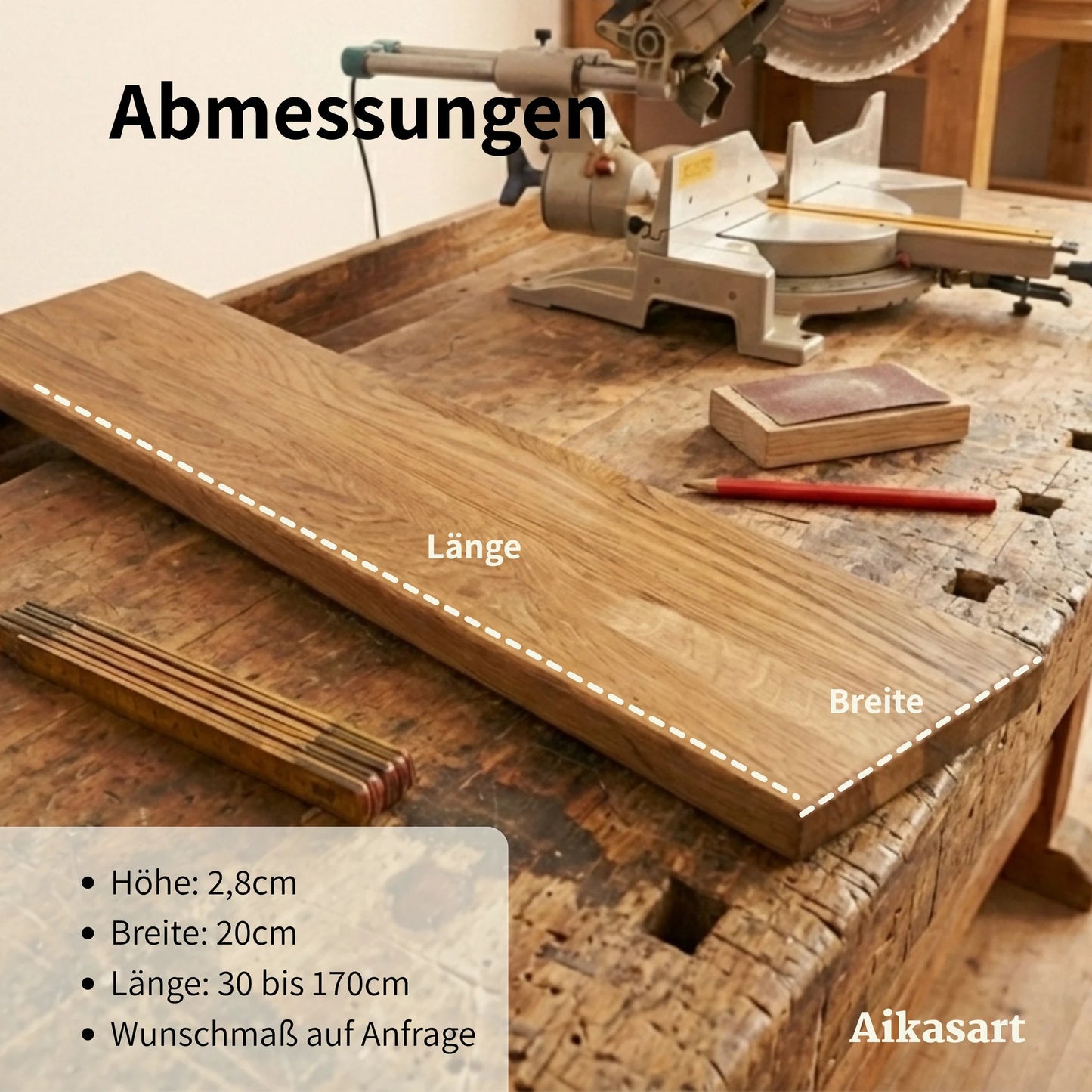 Abmessungen Badewannenbrett: 2,8 cm hoch, 20 cm breit, Länge 70 bis 150 cm, Wunschmaß möglich