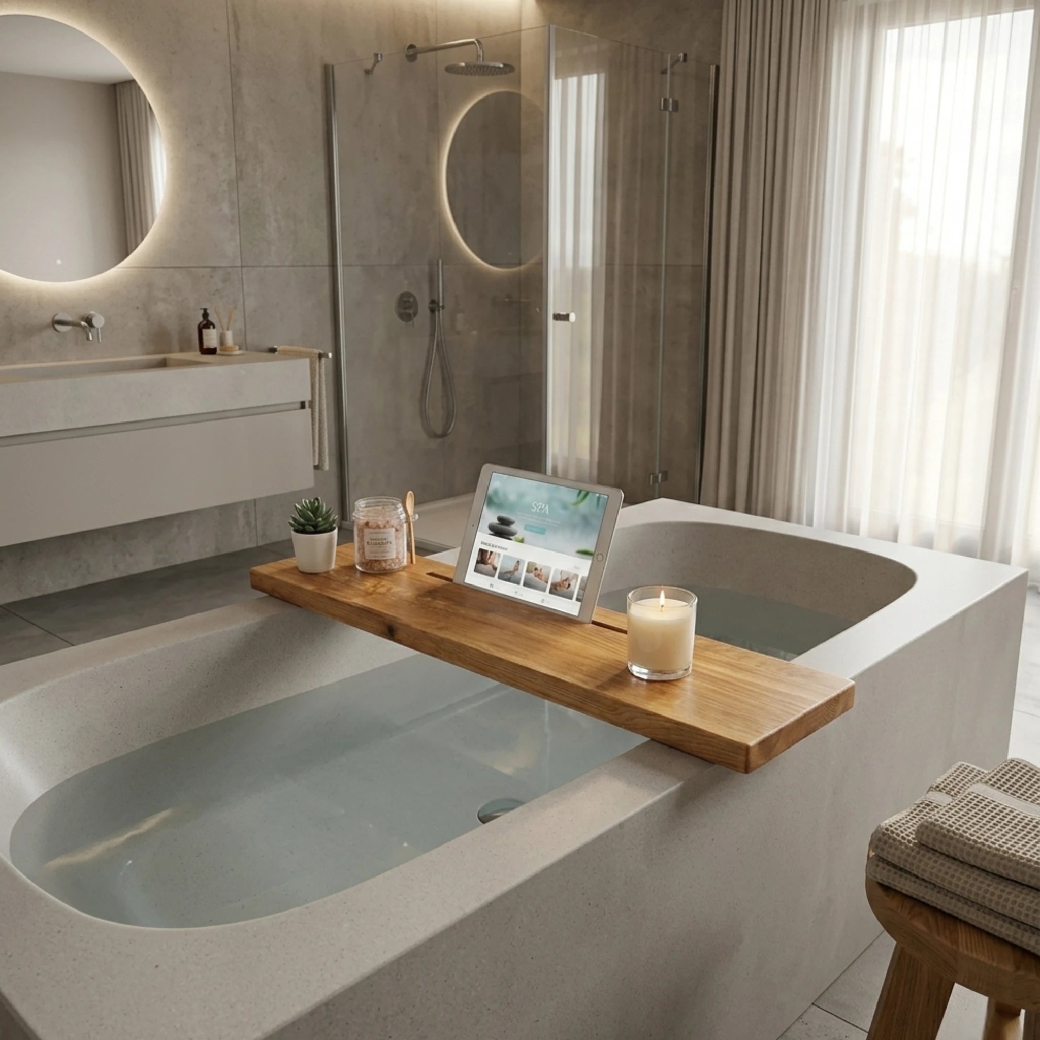 Badewannenablage aus Holz auf eckiger Steinwanne im modernen Bad mit Dusche und Tablet