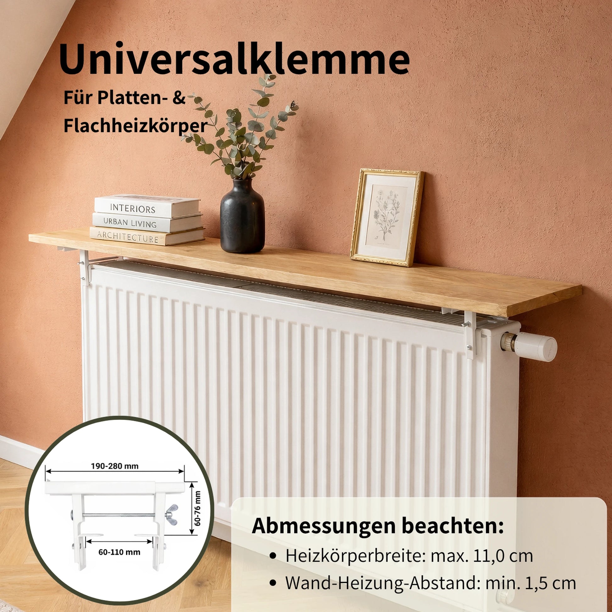 Universalklemme für Heizkörperregal an Flachheizkörpern bis 11 cm Tiefe