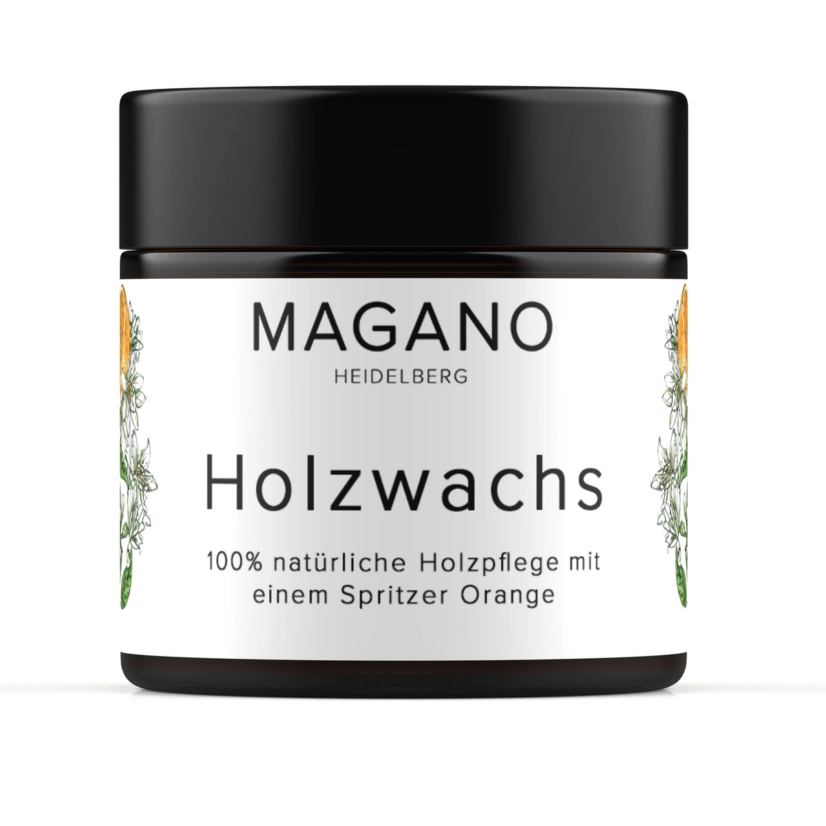 Glas MAGANO Holzwachs 60 ml mit Orangenduft vor weißem Hintergrund