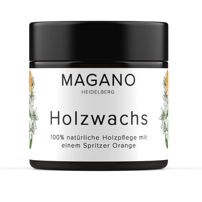 Glas MAGANO Holzwachs 60 ml mit Orangenduft vor weißem Hintergrund