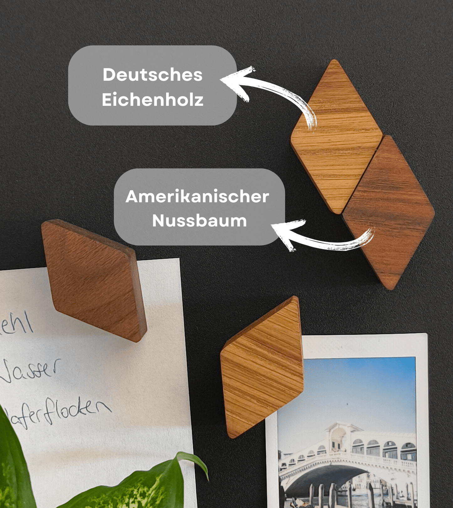 Kühlschrankmagnet aus Eichen- und Nussbaumholz