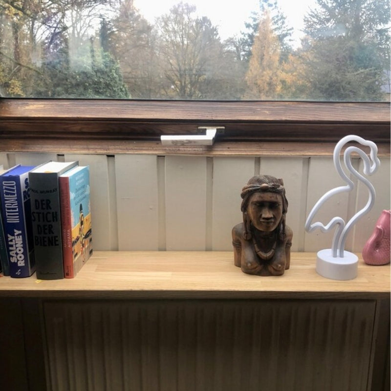 Breites Heizkörperregal aus Eiche mit Büchern, Holzfigur und Flamingo-Lampe