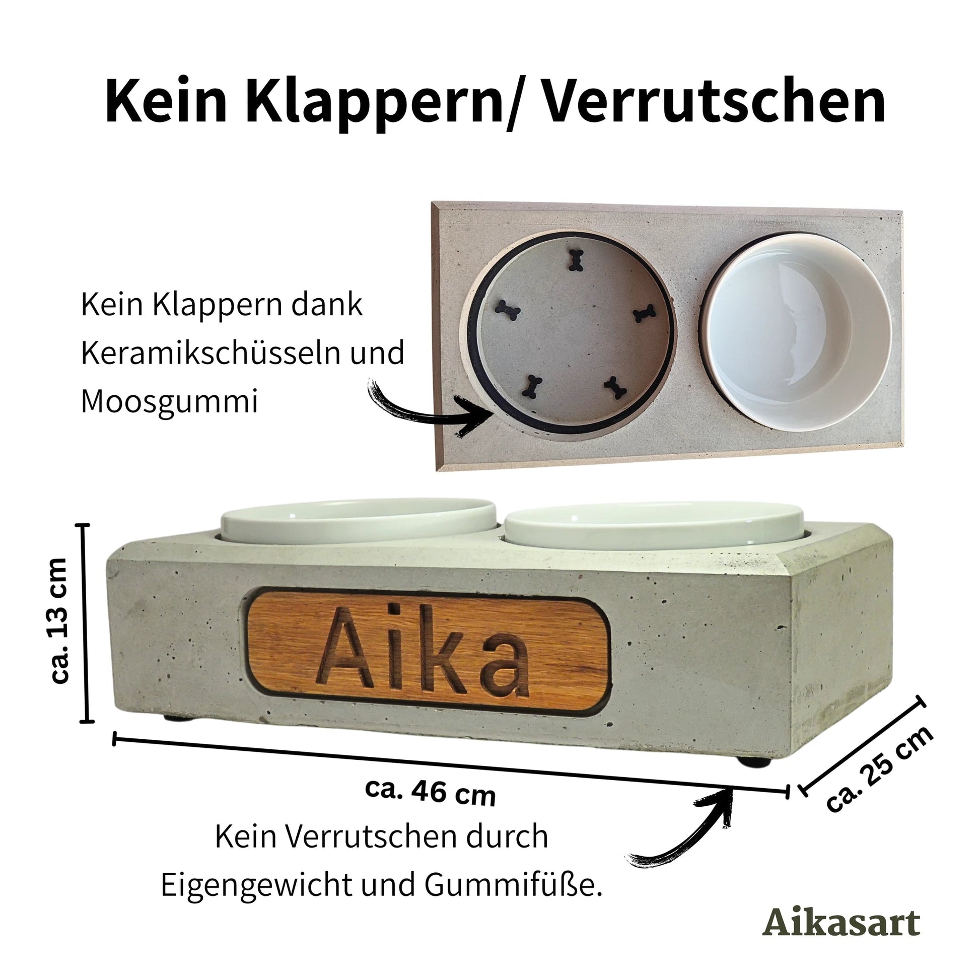 Abmessungen Futterstation: ca. 46 × 25 × 13 cm, rutschfest dank Gummifüßen und Moosgummi