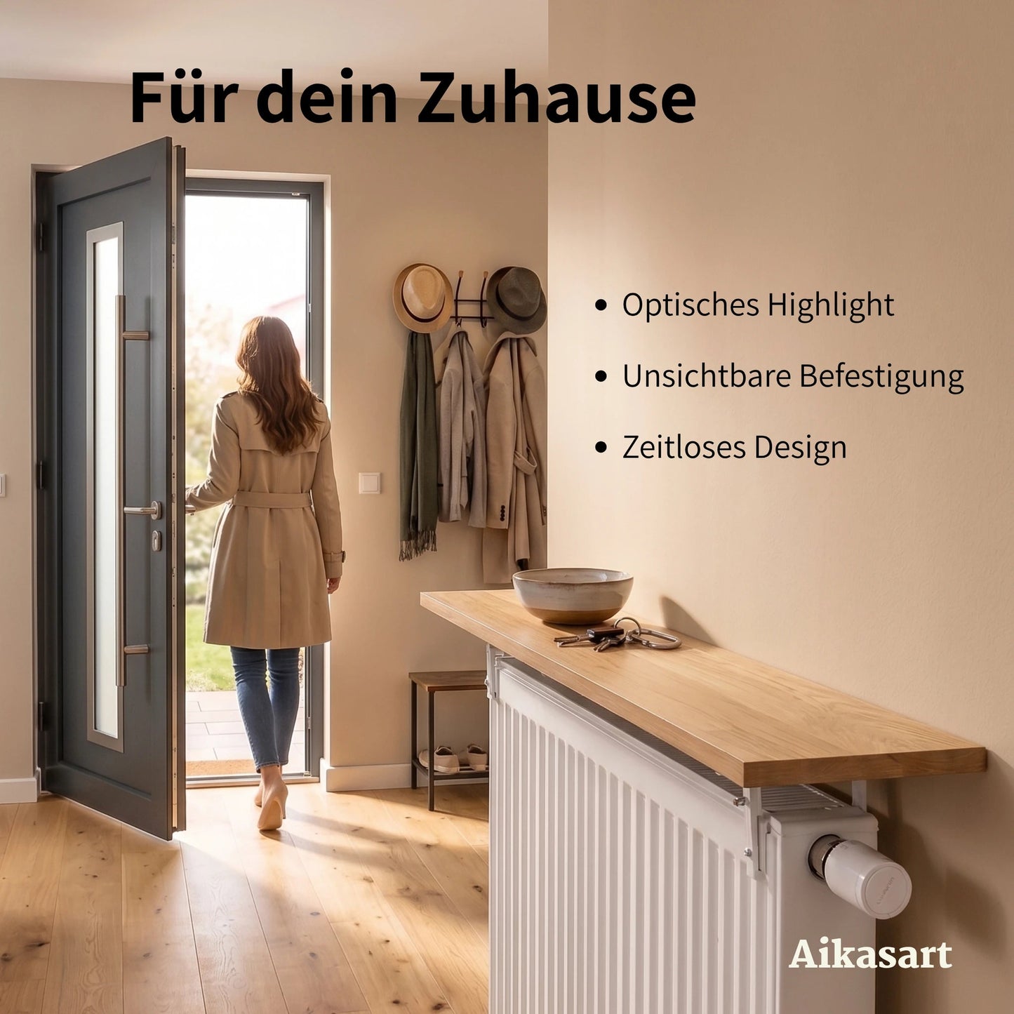 Regal für Heizkörper als Ablage im Eingangsbereich mit Garderobe