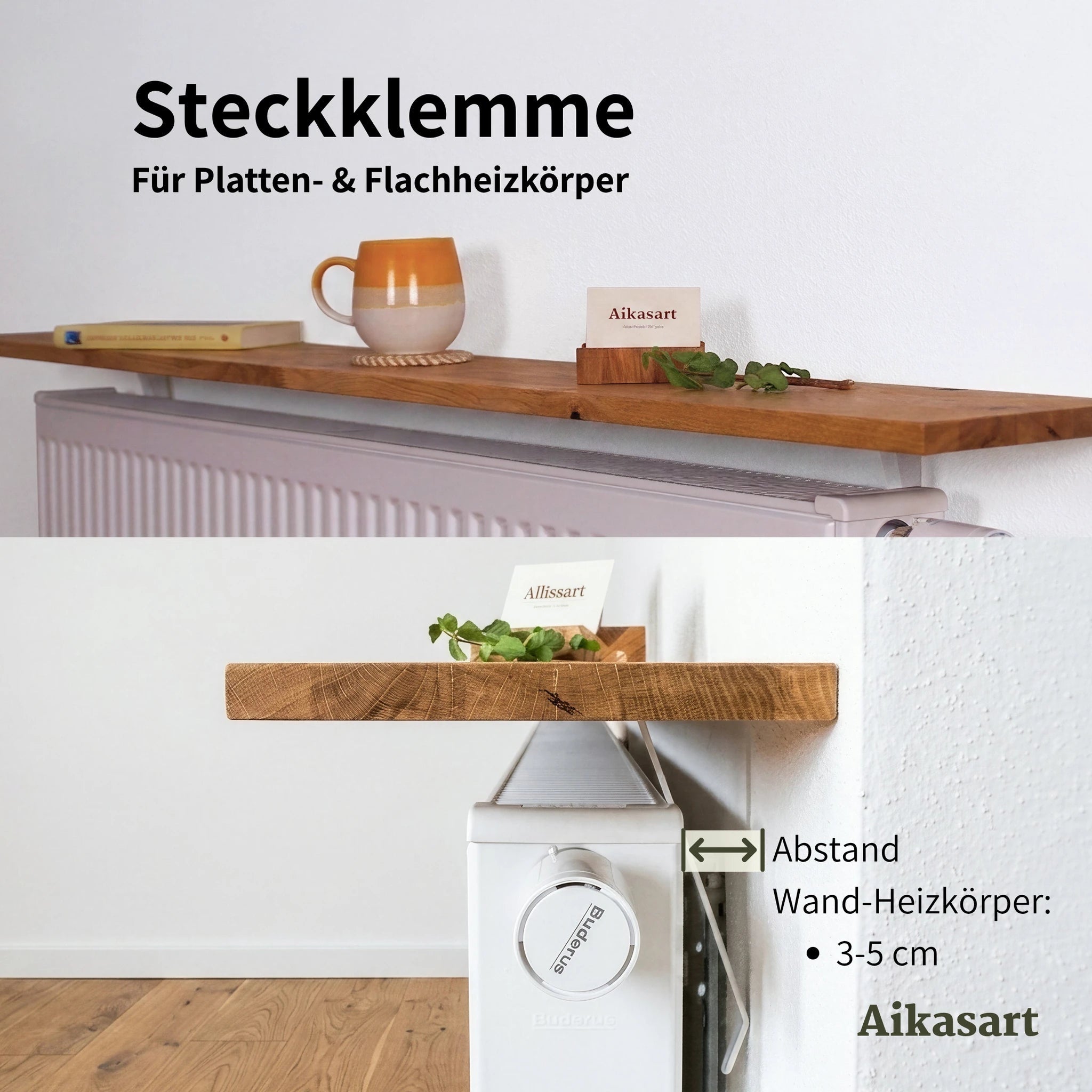 Steckklemme für Heizkörperablage an Platten- und Flachheizkörpern, 3–5 cm Wandabstand