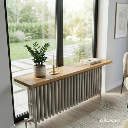 Heizungsbrett Eiche als Fensterbank auf Rippenheizkörper vor bodentiefem Fenster mit Pflanze und Kerze