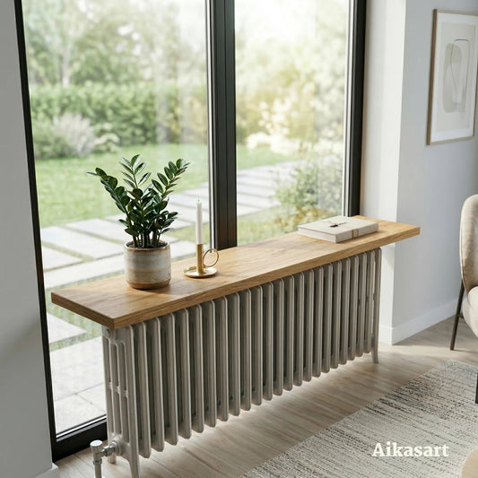 Heizungsbrett Eiche als Fensterbank auf Rippenheizkörper vor bodentiefem Fenster mit Pflanze und Kerze