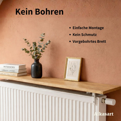Heizkörperregal-Montage ohne Bohren – vorgebohrtes Eichenbrett, einfache und saubere Montage