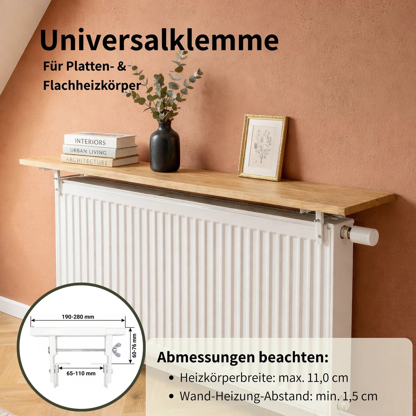 Universalklemme für Heizkörperregal aus Eiche auf Flachheizkörper, max. Heizkörperbreite 11 cm