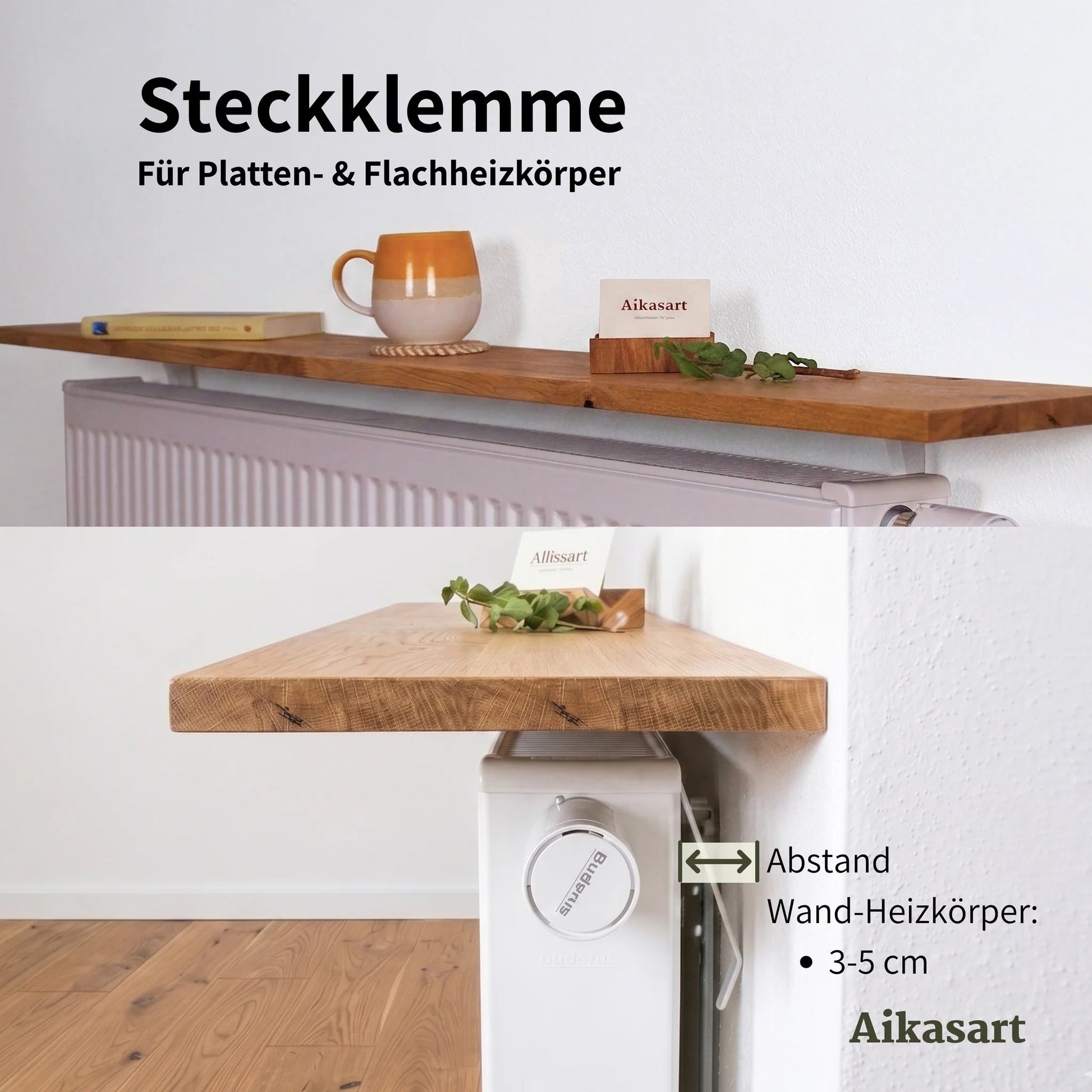 Steckklemmen-Montage des Heizungsbretts aus Eiche auf Flachheizkörper, Wandabstand 3–5 cm