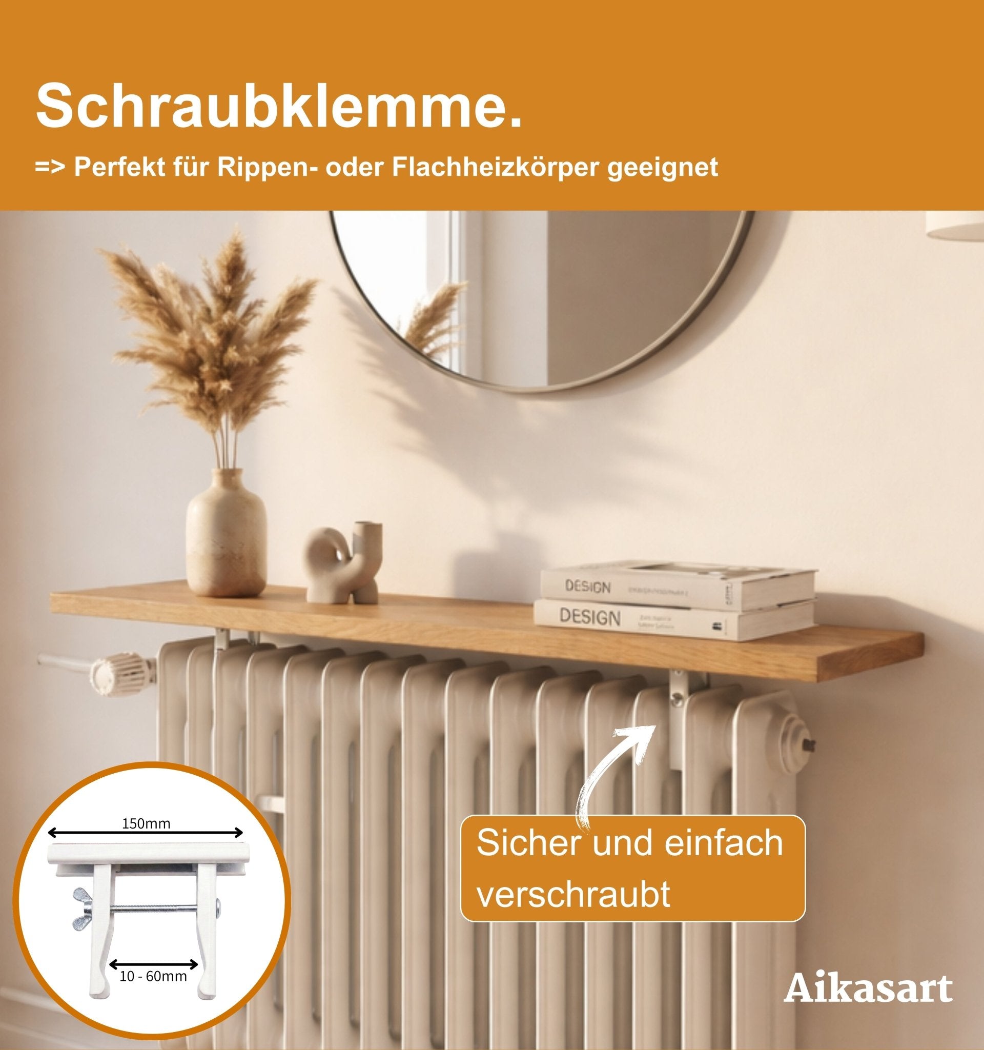 Heizkörperablage Eiche Massiv nach Maß, 20 cm Tief (30-190 cm)