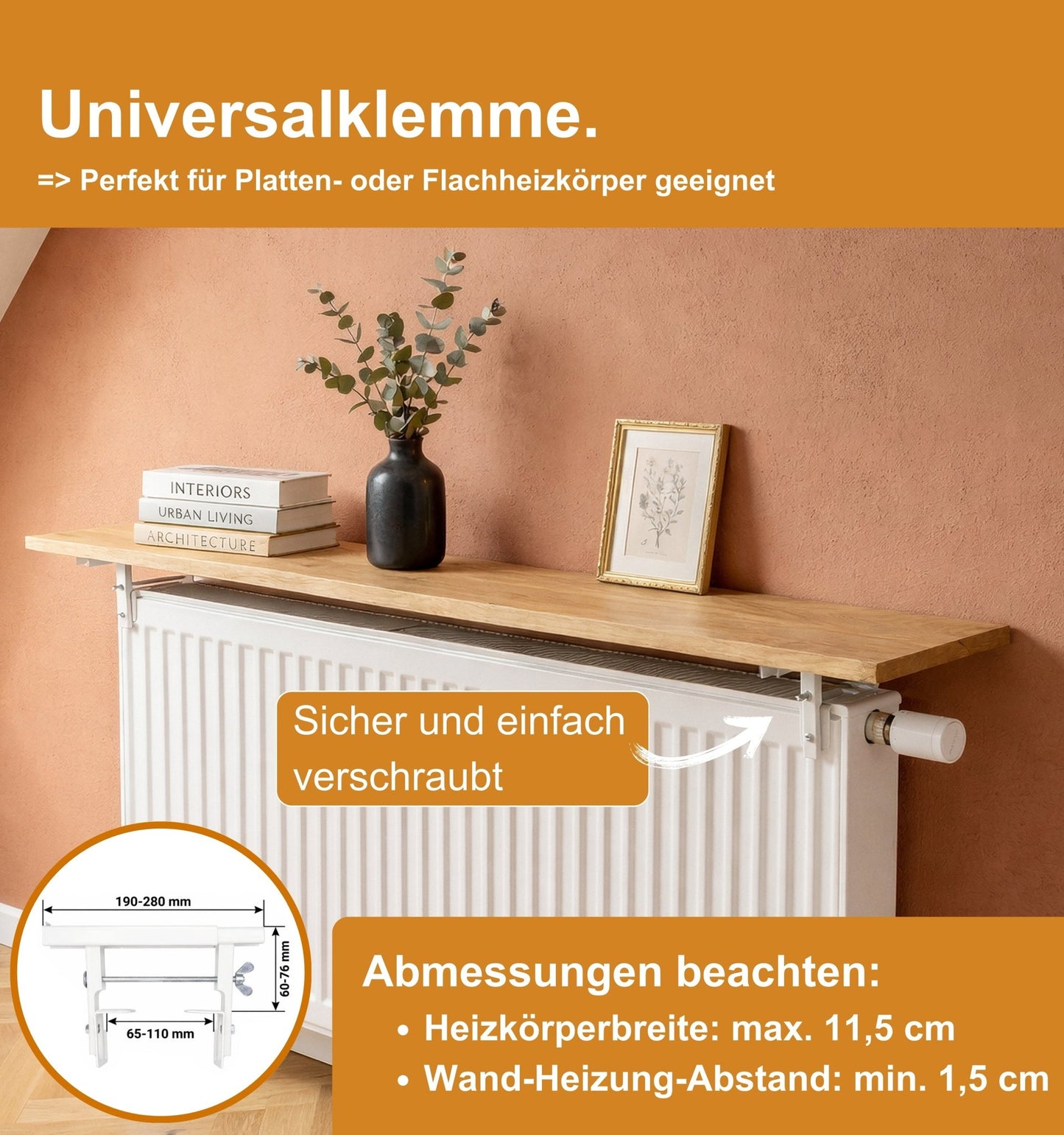 Heizkörperablage Eiche Massiv nach Maß, 20 cm Tief (30-190 cm)