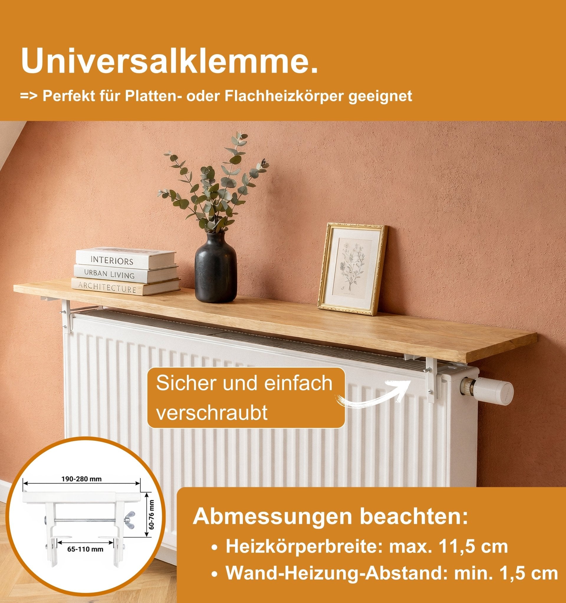 Heizkörperablage Eiche Massiv nach Maß, 20 cm Tief (30-190 cm)