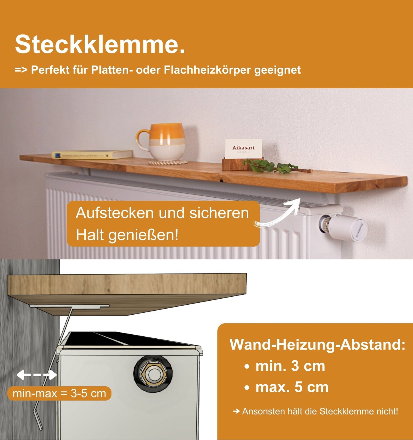 Heizkörperablage Eiche Massiv nach Maß, 20 cm Tief (30-190 cm)