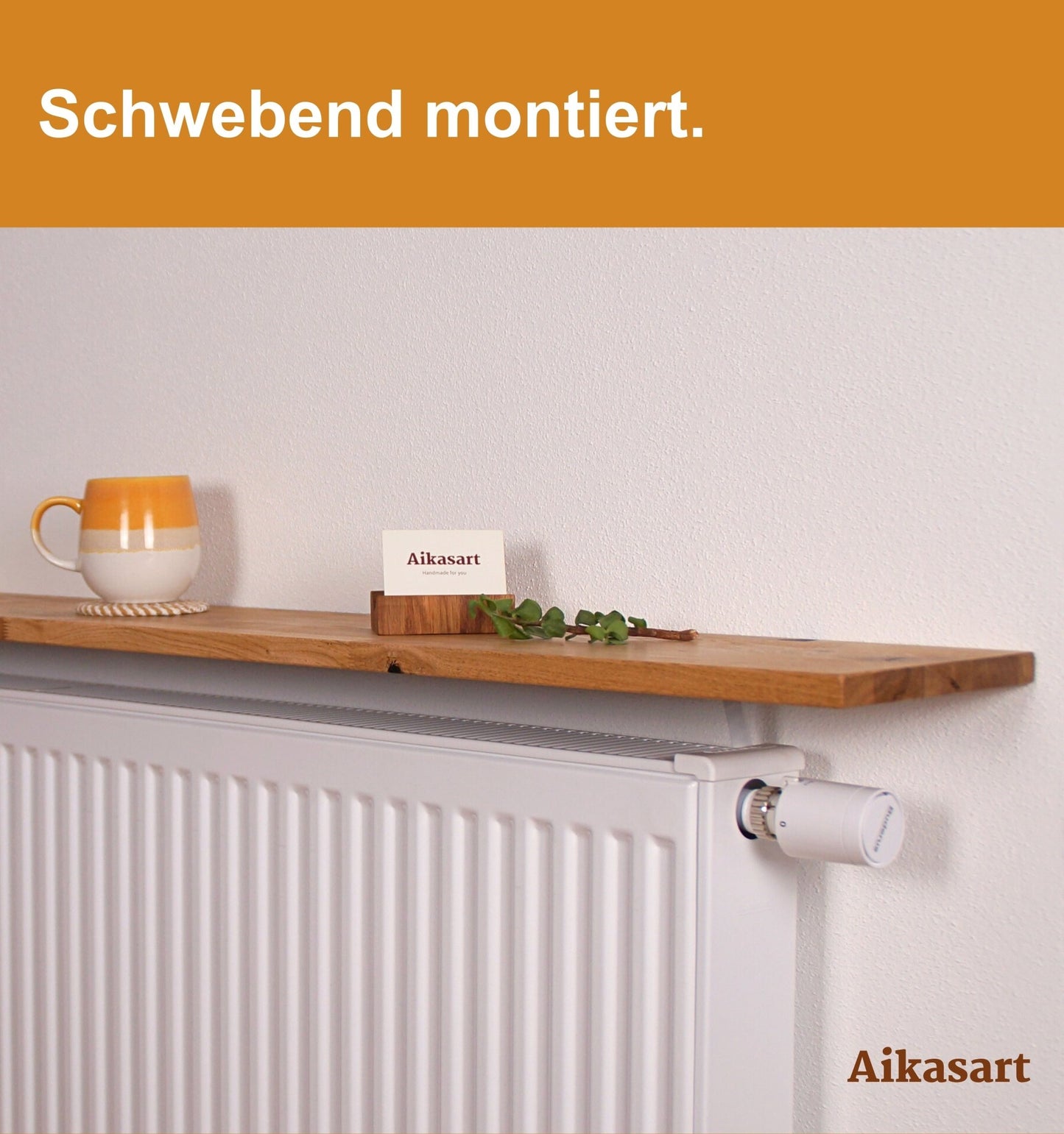 Schwebende Heizkörperablage aus Eiche