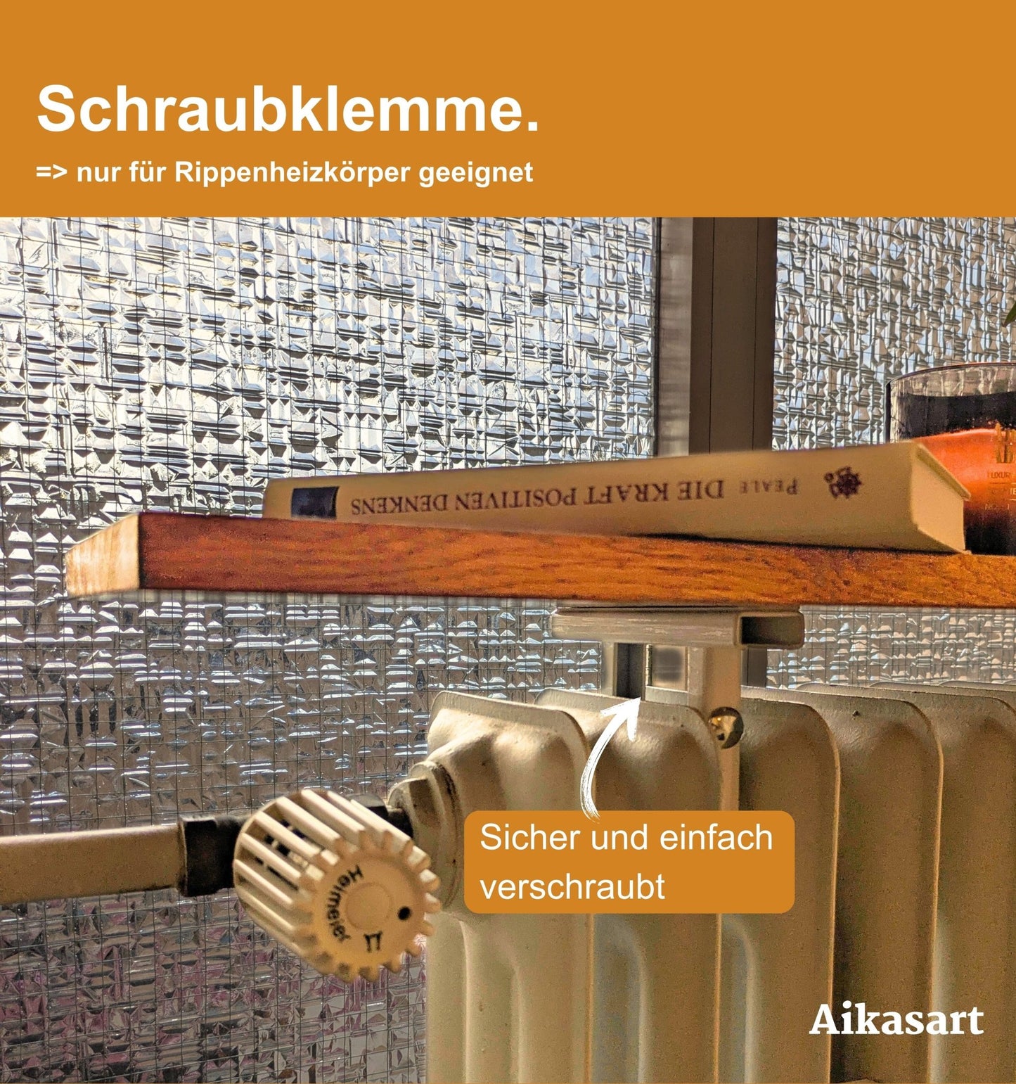 Schwebende Heizkörperablage aus Eiche