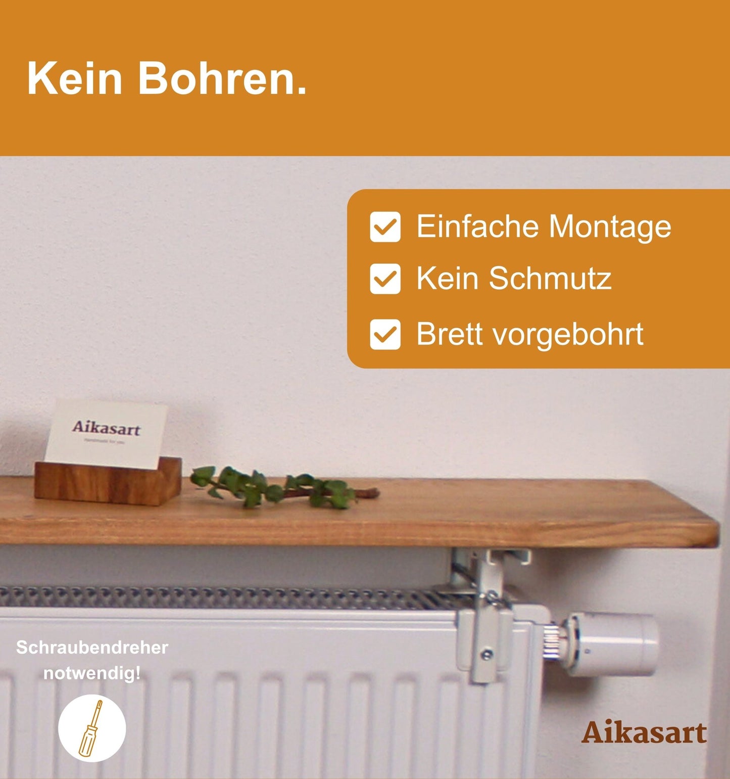 Schwebende Heizkörperablage aus Eiche