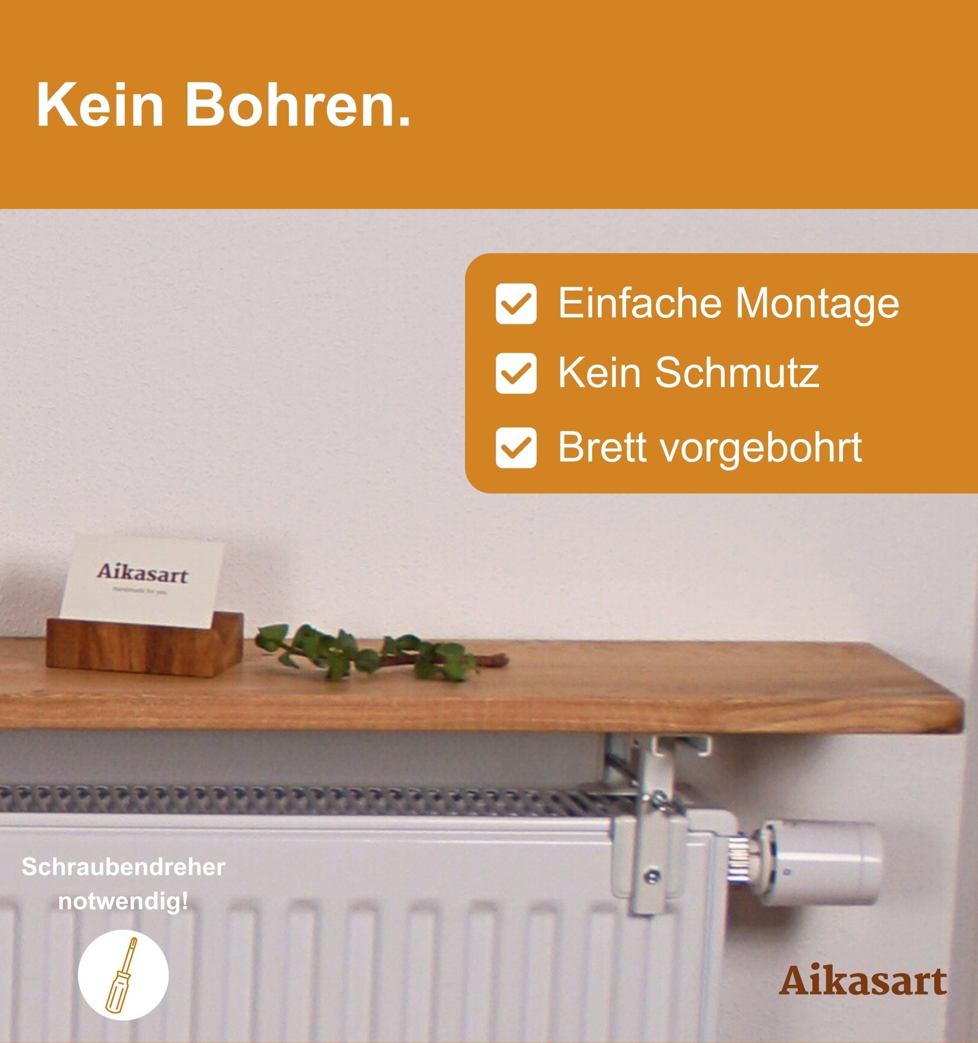 Schwebende Heizkörperablage aus Eiche