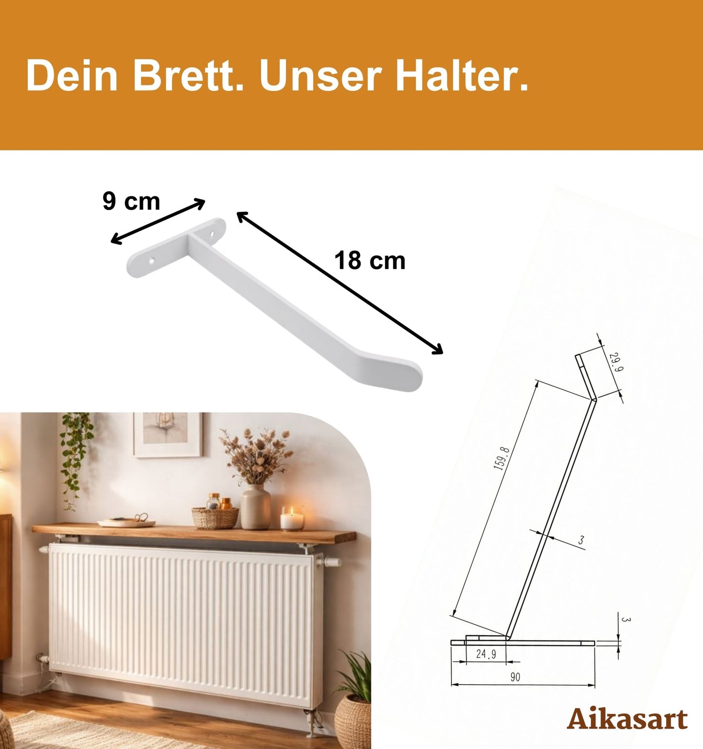 Steckklemme - 2er Set Heizkörper-Regalträger - Weiß/Universal - Ohne Bohren