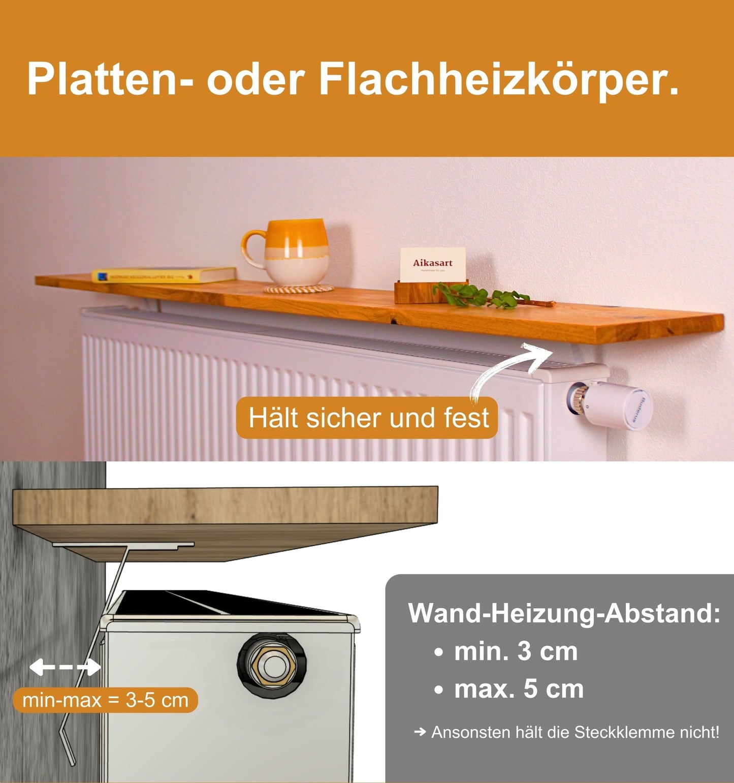 Steckklemme - 2er Set Heizkörper-Regalträger - Weiß/Universal - Ohne Bohren