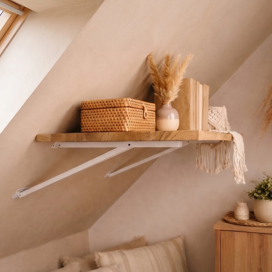 Wandregal für Dachschräge in gemütlichem Boho-Schlafzimmer mit Korb und Pampasgras